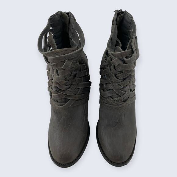 Free People Carrera Gray Leather Woven Crisscross Strappy Block Heel Boot 39 8.5 - Picture 3 of 12